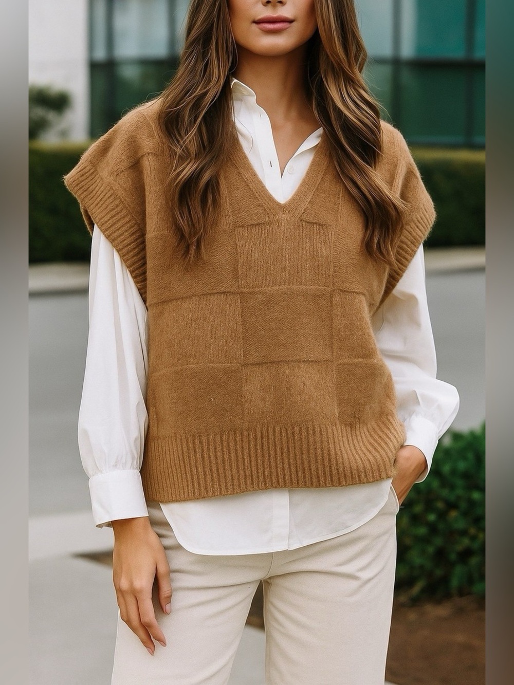 ASTR the label tan checkered sweater vest v neck cropped